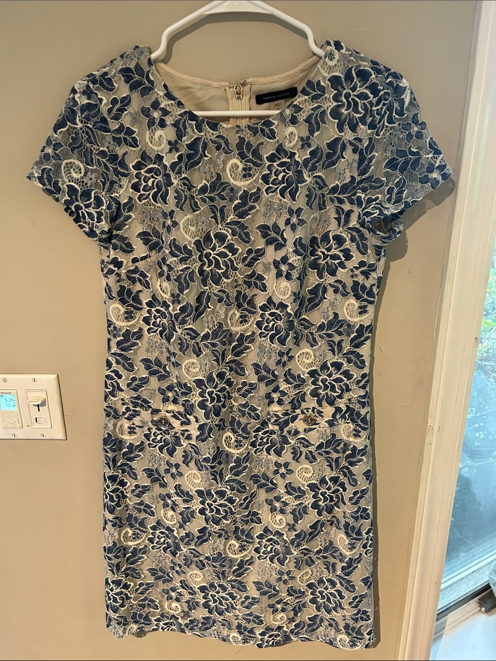 Tommy Hilfiger Blue and Cream Floral Lace Sheath Dress